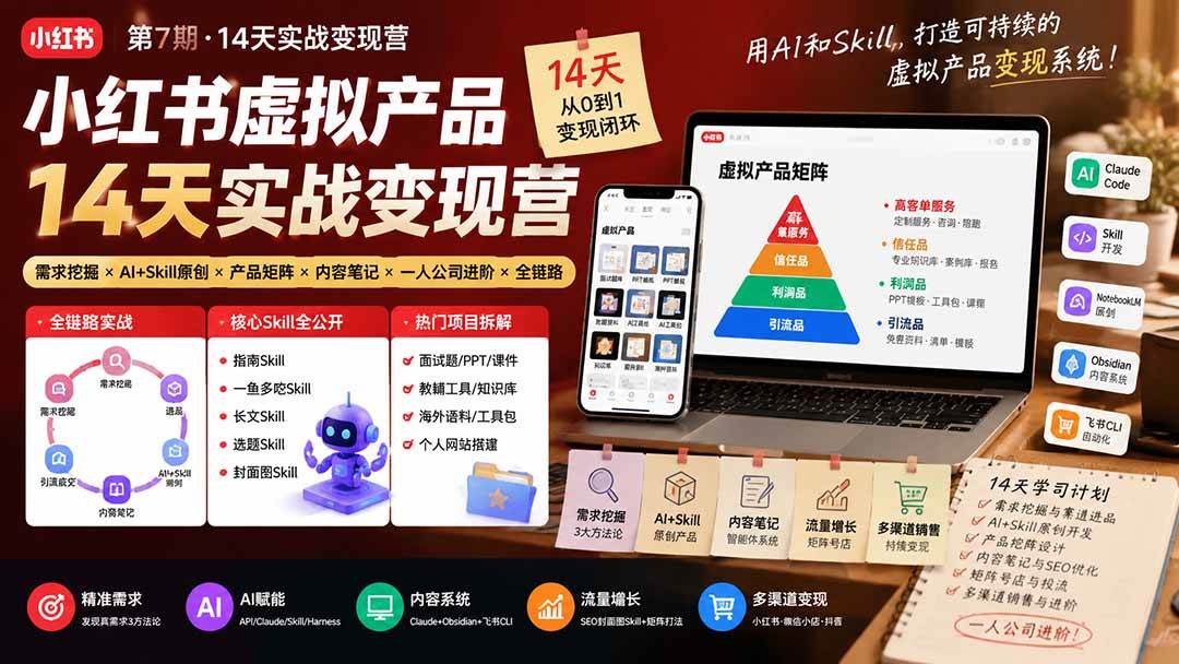 （19712期）小红书虚拟产品14天实战变现营-第7期：需求挖掘×AI+Skill原创×产品矩阵×内容笔记×一人公司进阶×全链路-179创客网