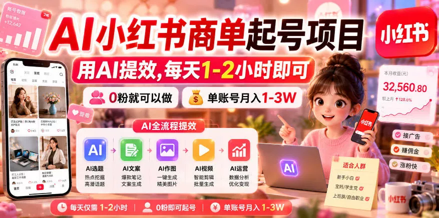 AI小红书商单起号项目，用AI提效,每天1-2小时即可，0粉就可以做，单账号月入1-3W-179创客网