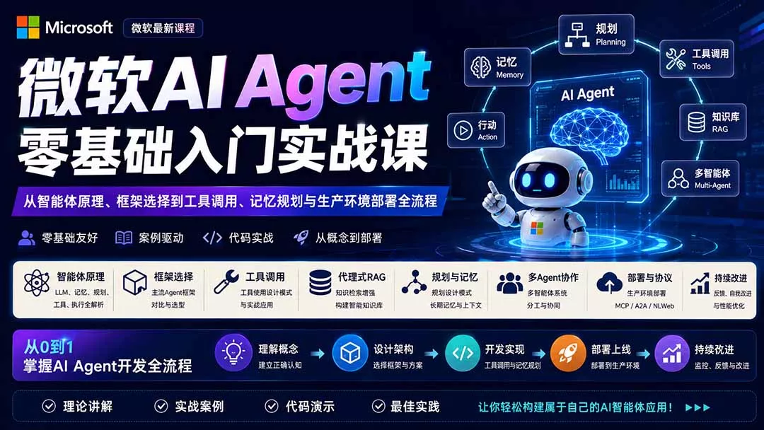 微软AI Agent零基础入门实战课：从智能体原理、框架选择到工具调用、记忆规划与生产环境部署全流程-179创客网