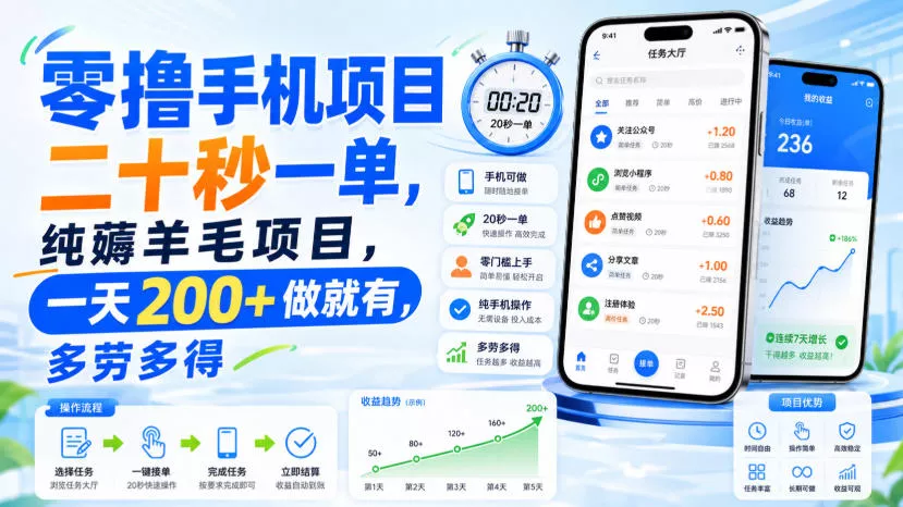 零撸手机项目，二十秒一单，纯薅羊毛项目，一天200+做就有，多劳多得【揭秘】-179创客网
