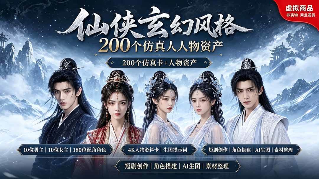 （19301期）200个仙侠玄幻仿真人素材◆10男主×10女主×180配角，4K资料卡+AI生图提示词，漫剧必备-179创客网