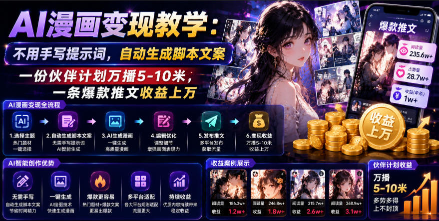 AI漫画变现教学：不用手写提示词，自动生成脚本文案，一份伙伴计划万播5-10米，一条爆款推文收益上W-179创客网