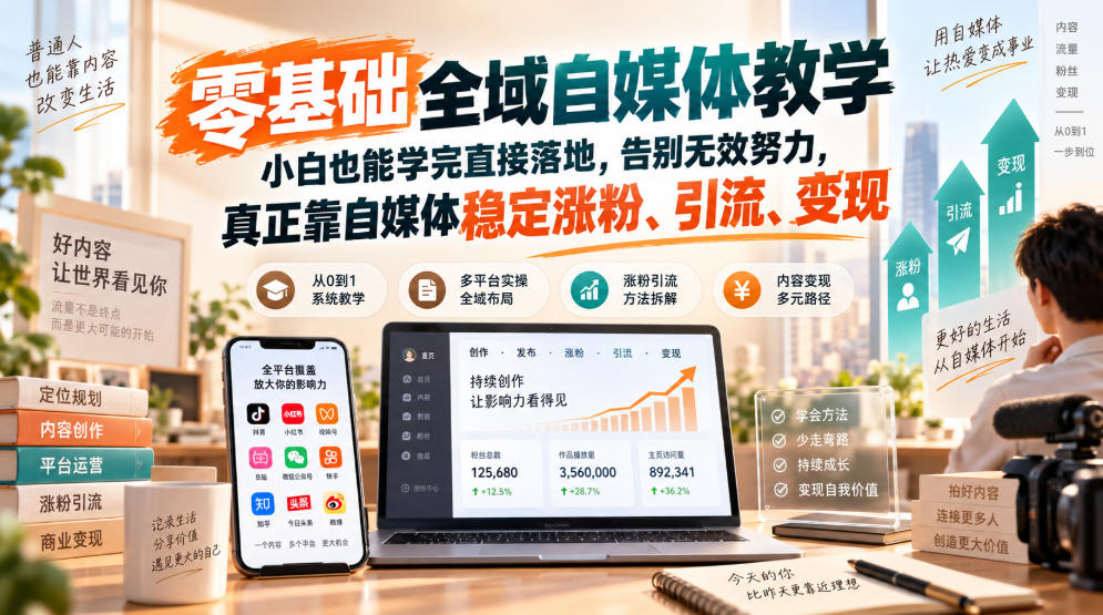 零基础全域自媒体教学，小白也能学完直接落地，告别无效努力，真正靠自媒体稳定涨粉、引流、变现-179创客网