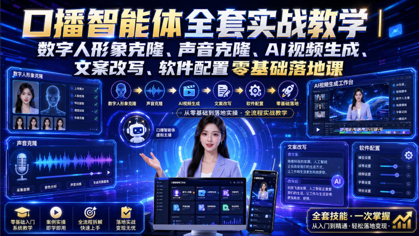 口播智能体全套实战教学｜数字人形象克隆、声音克隆、AI视频生成、文案改写、软件配置零基础落地课-179创客网
