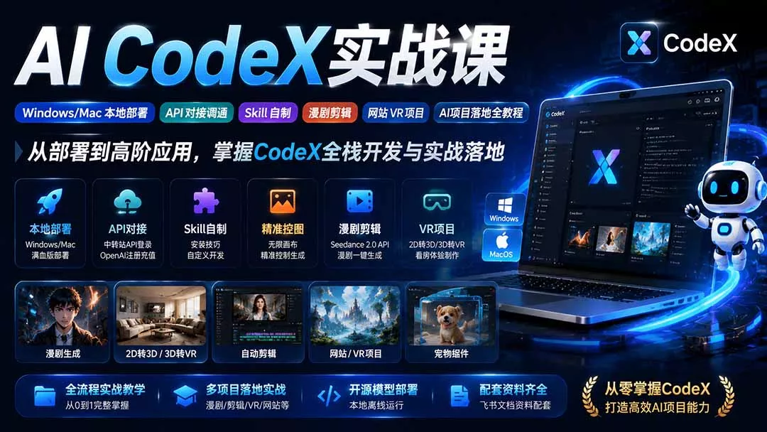 AI CodeX实战课｜Windows/Mac 本地部署｜API 对接调通｜Skill 自制｜漫剧剪辑｜网站 VR 项目｜AI项目落地全教程-179创客网
