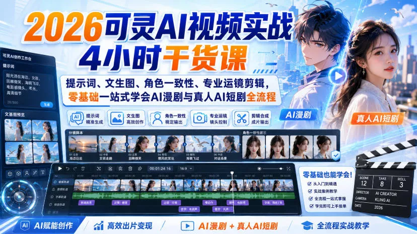 2026可灵AI视频实战4小时干货课｜提示词、文生图、角色一致性、专业运镜剪辑，零基础一站式学会AI漫剧与真人AI短剧全流程-179创客网