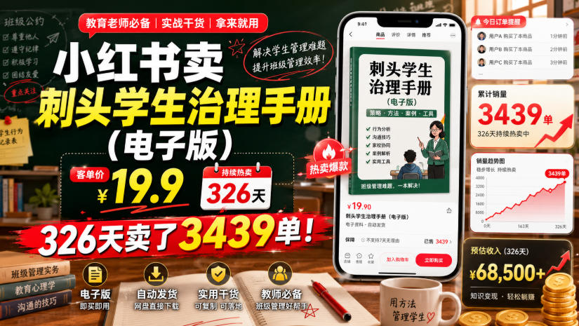 小红书卖刺头学生治理手册（电子版），客单价19.9，326天卖了3439单！-179创客网