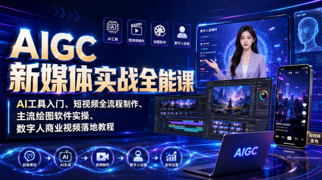 AIGC新媒体实战全能课｜AI工具入门、短视频全流程制作、主流绘图软件实操、数字人商业视频落地教程-179创客网