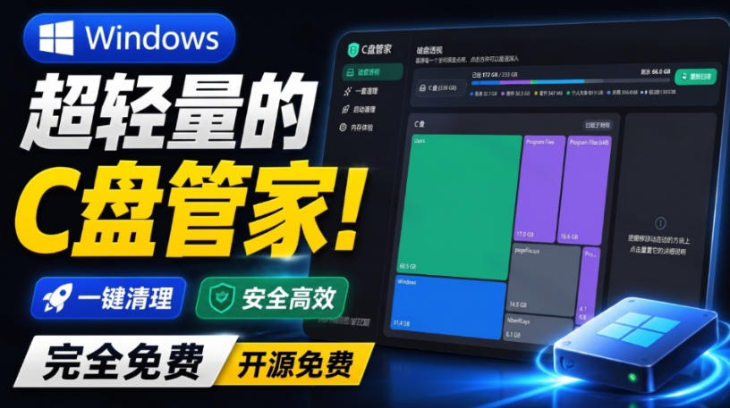 Windows超轻量的C盘管家！超级有特点，支持磁盘分析及清理提醒，2M大小体积，完全免费C盘管家-179创客网