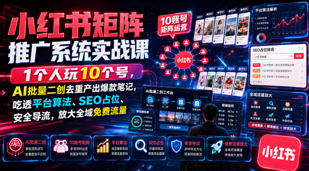 小红书矩阵推广系统实战课｜1个人玩10个号，AI批量二创去重产出爆款笔记，吃透平台算法、SEO占位、安全导流，放大全域免费流量-179创客网