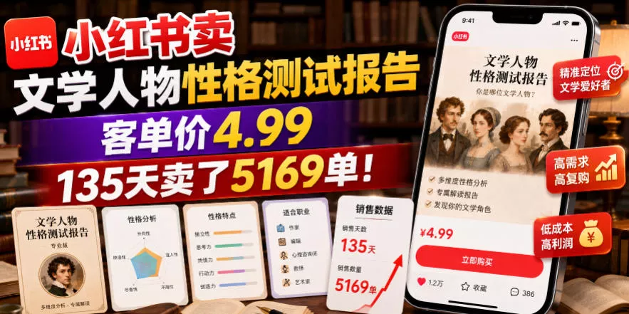 小红书卖文学人物性格测试报告，客单价4.99，135天卖了5169单！-179创客网