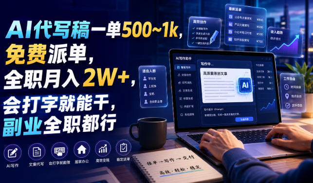 AI代写稿一单500~1k，免费派单，全职月入2W+，会打字就能干，副业全职都行【揭秘】-179创客网