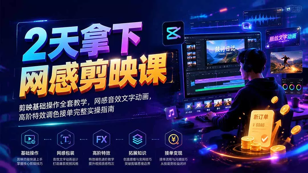 2天拿下网感剪辑课｜剪映基础操作全套教学，网感音效文字动画，高阶特效调色接单完整实操指南-179创客网