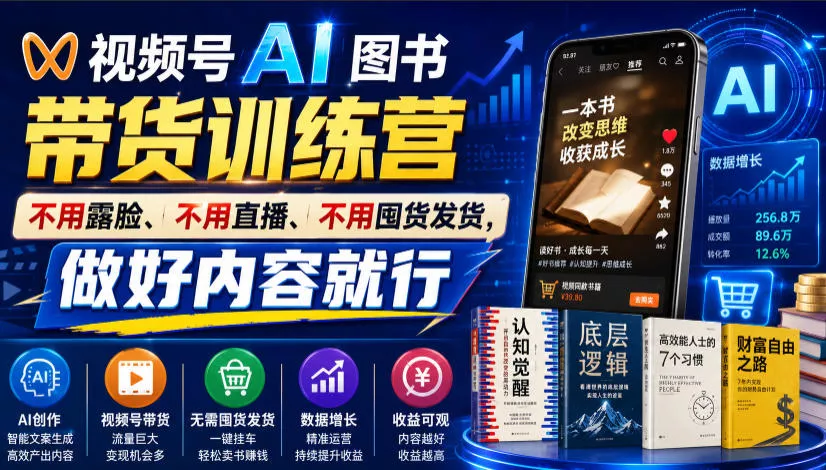 视频号AI图书带货训练营，不用露脸、不用直播、不用囤货发货，做好内容就行，一条爆款视频佣金8942-179创客网