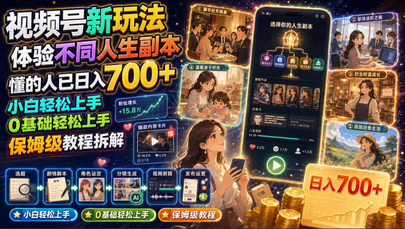 视频号新玩法体验不同人生副本，懂的人已日入700+，小白轻松上手，0基础轻松上手，保姆级教程拆解-179创客网