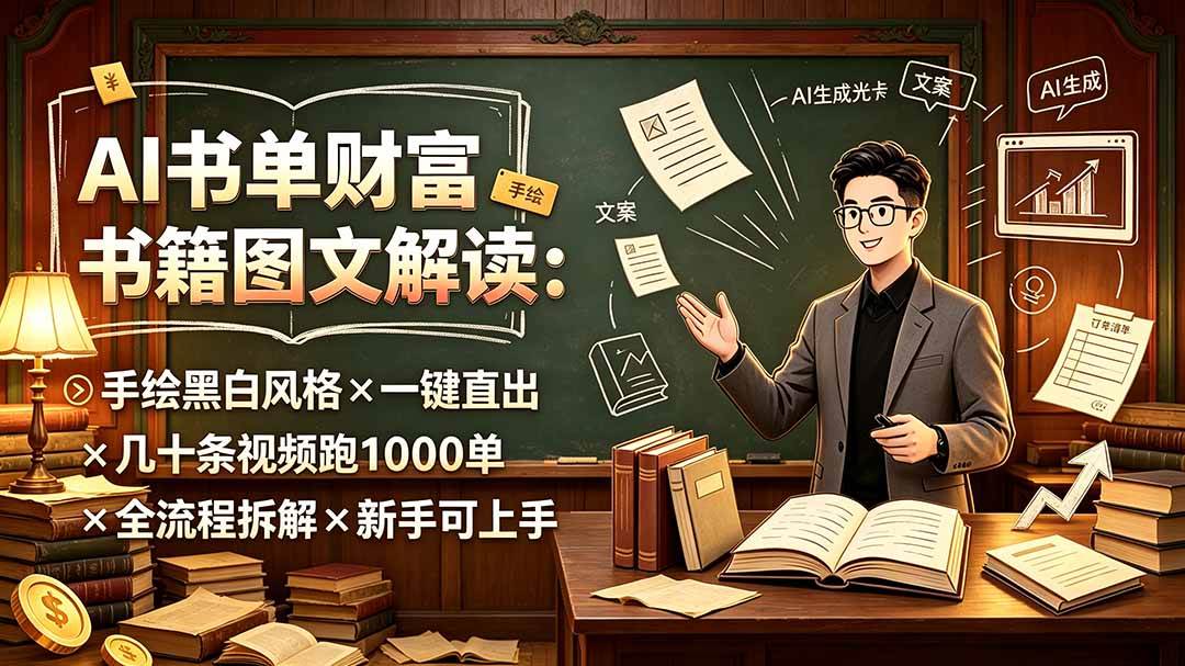 （19515期）AI书单财富书籍图文解读：手绘黑白风格×一键直出×几十条视频跑1000单×全流程拆解×新手可上手-179创客网