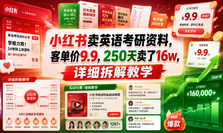 小红书卖英语考研资料，客单价9.9，250天卖了16w，详细拆解教学-179创客网