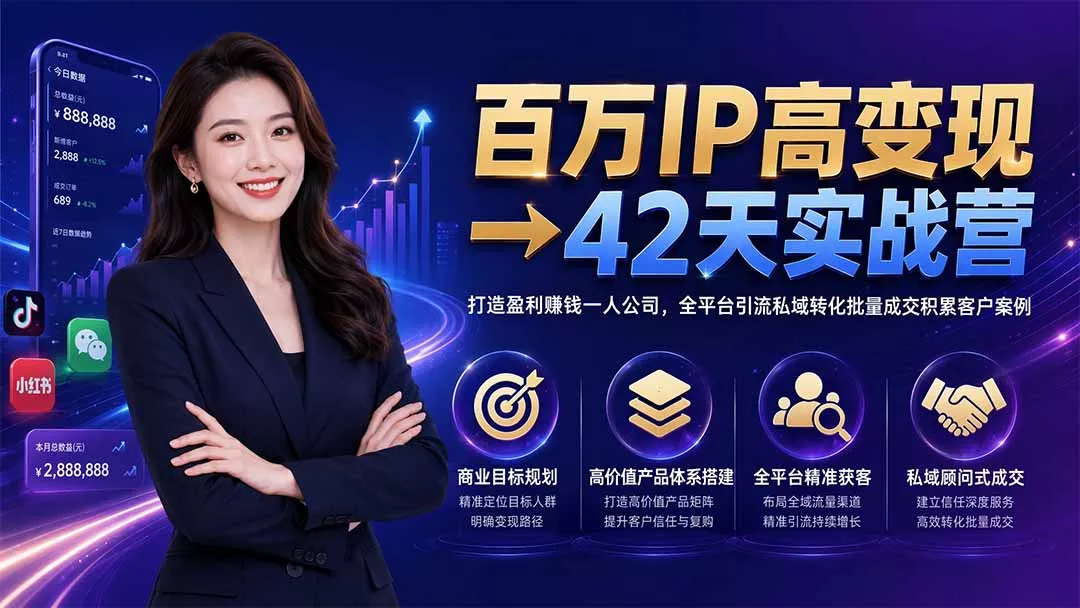 百万IP高变现→42天实战营｜打造盈利赚钱一人公司，全平台引流私域转化批量成交积累客户案例-179创客网