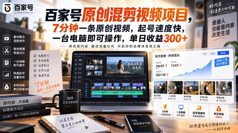 百家号原创混剪视频项目，7分钟一条原创视频，起号速度快，一台电脑即可操作，单日收益300+-179创客网