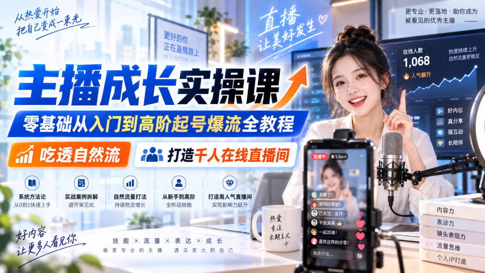 主播成长实操课｜零基础从入门到高阶起号爆流全教程，吃透自然流，打造千人在线直播间-179创客网