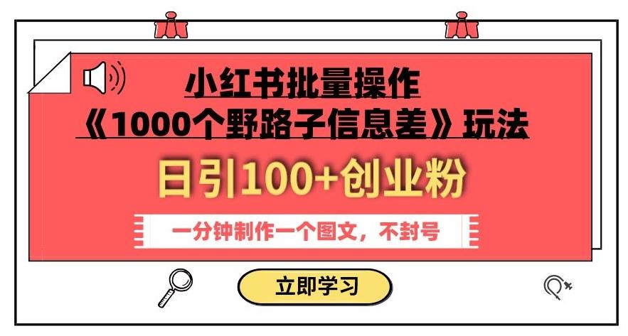 小红书批量操作《1000个野路子信息差》玩法，一分钟制作一个图文，不封号，日引100+创业粉-179创客网