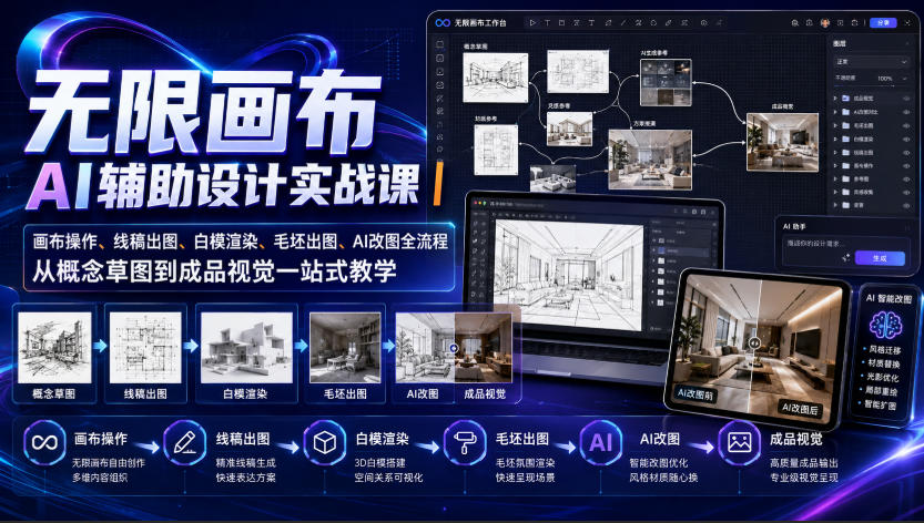 无限画布AI辅助设计实战课｜画布操作、线稿出图、白模渲染、毛坯出图、AI改图全流程，从概念草图到成品视觉一站式教学-179创客网