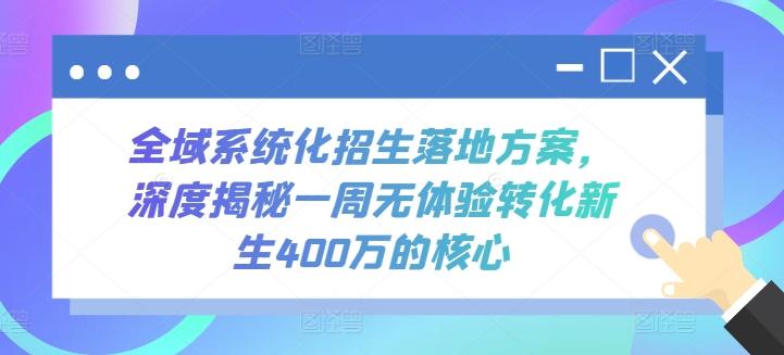 全域系统化招生落地方案，深度揭秘一周无体验转化新生400万的核心-179创客网