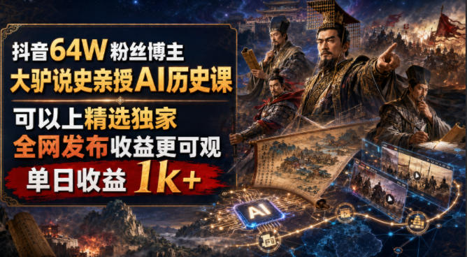 抖音64W粉丝博主大驴说史亲授AI历史课，可以上精选独家，全网发布收益更可观，单日收益1k+-179创客网