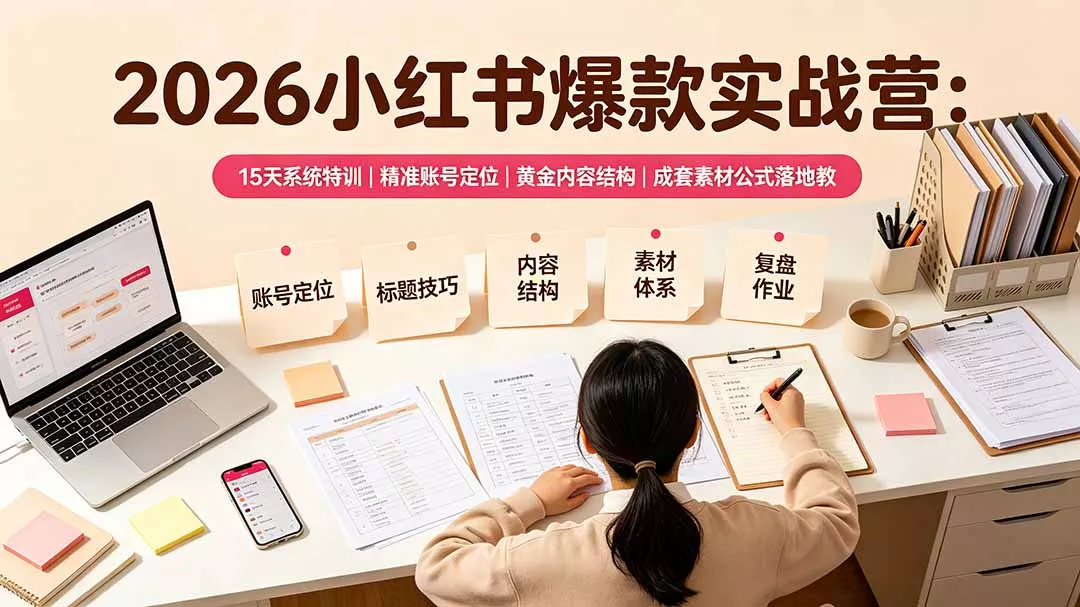 2026小红书爆款实战营：15天系统特训｜精准账号定位｜黄金内容结构｜成套素材公式落地教程-179创客网