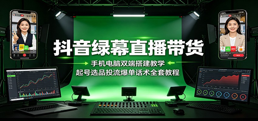 抖音绿幕直播带货：手机电脑双端搭建教学，起号选品投流爆单话术全套教程-179创客网