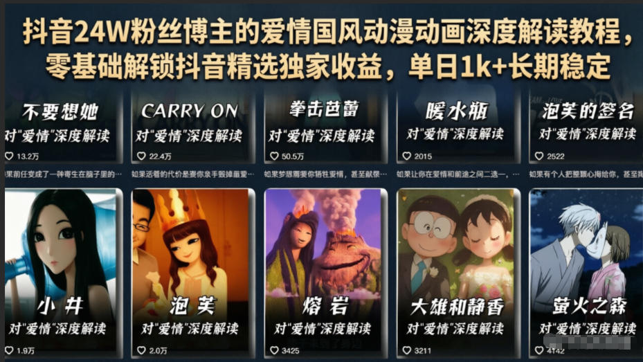抖音24W粉丝博主的爱情国风动漫动画深度解读教程，零基础解锁抖音精选独家收益，单日1k+长期稳定-179创客网