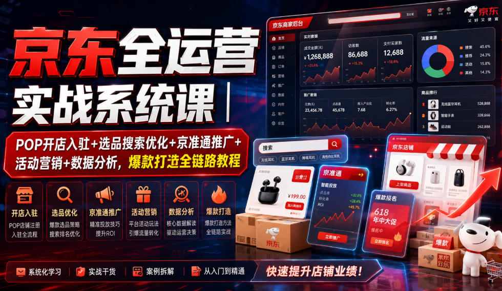 京东全运营实战系统课｜POP开店入驻+选品搜索优化+京准通推广+活动营销+数据分析，爆款打造全链路教程-179创客网