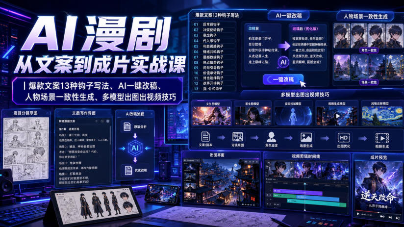 AI漫剧从文案到成片实战课｜爆款文案13种钩子写法、AI一键改稿、人物场景一致性生成、多模型出图出视频技巧-179创客网