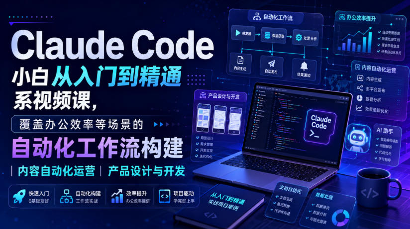 Claude Code小白从入门到精通系视频课，覆盖办公效率等场景的自动化工作流构建|内容自动化运营|产品设计与开发-179创客网
