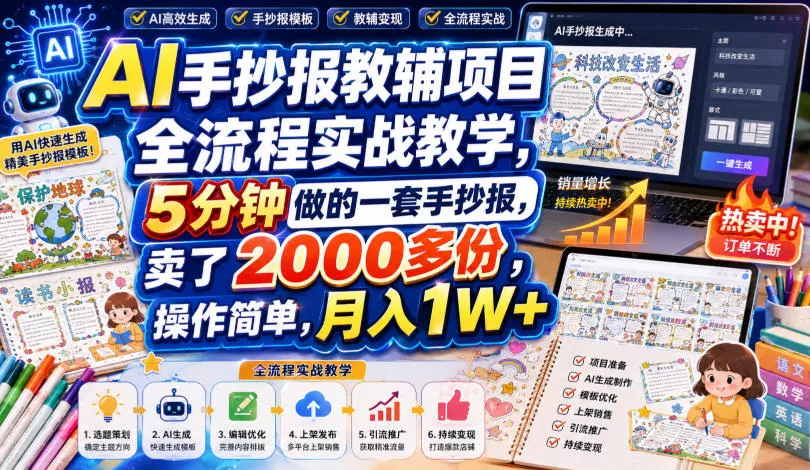 AI手抄报教辅项目全流程实战教学，5分钟做的一套手抄报，卖了2000多份，操作简单，月入1W+-179创客网