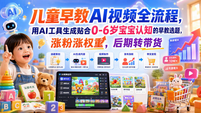 儿童早教AI视频全流程，用AI工具生成贴合0-6岁宝宝认知的早教选题，涨粉涨权重，后期转带货-179创客网
