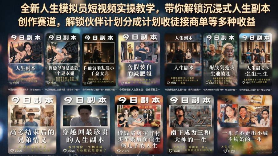 全新人生模拟员短视频实操教学，带你解锁沉浸式人生副本创作赛道，解锁伙伴计划分成计划收徒接商单等多种收益-179创客网