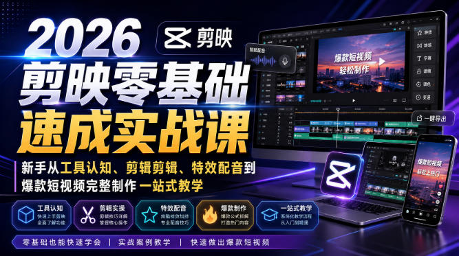 2026剪映零基础速成实战课｜新手从工具认知、剪辑剪辑、特效配音到爆款短视频完整制作一站式教学-179创客网