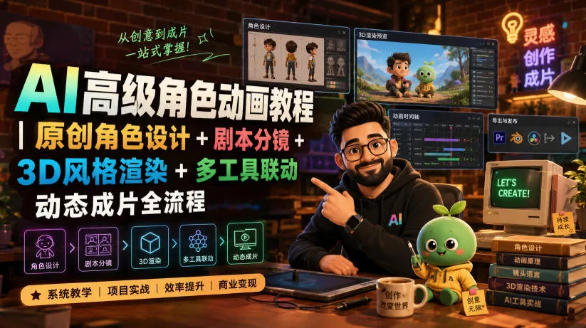 AI高级角色动画教程｜原创角色设计+剧本分镜+3D风格渲染+多工具联动动态成片全流程【中英字幕】-179创客网