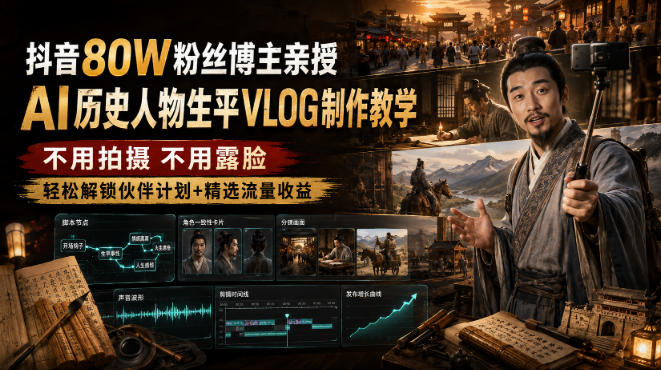抖音80W粉丝博主的AI历史人物生平VLOG教学，不用拍摄不用露脸，AI帮你搞定，轻松解锁伙伴计划+精选收益-179创客网