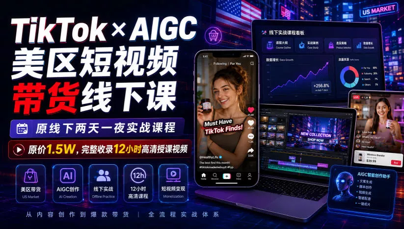 TikTok×AIGC美区短视频带货线下课，原线下两天一夜实战课程，原价1.5W，完整收录12小时高清授课视频-179创客网