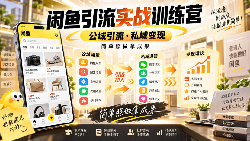 闲鱼引流实战训练营，公域引流·私域变现，简单照做拿成果-179创客网