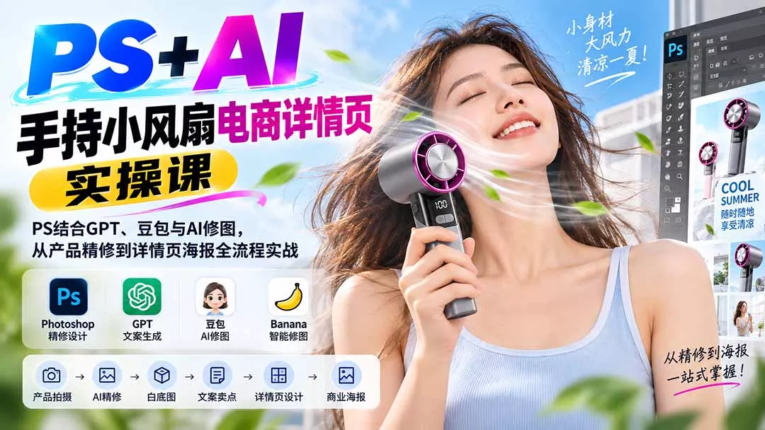 PS+AI手持小风扇电商详情页实操课：PS结合GPT、豆包与AI修图，从产品精修到详情页海报全流程实战-179创客网