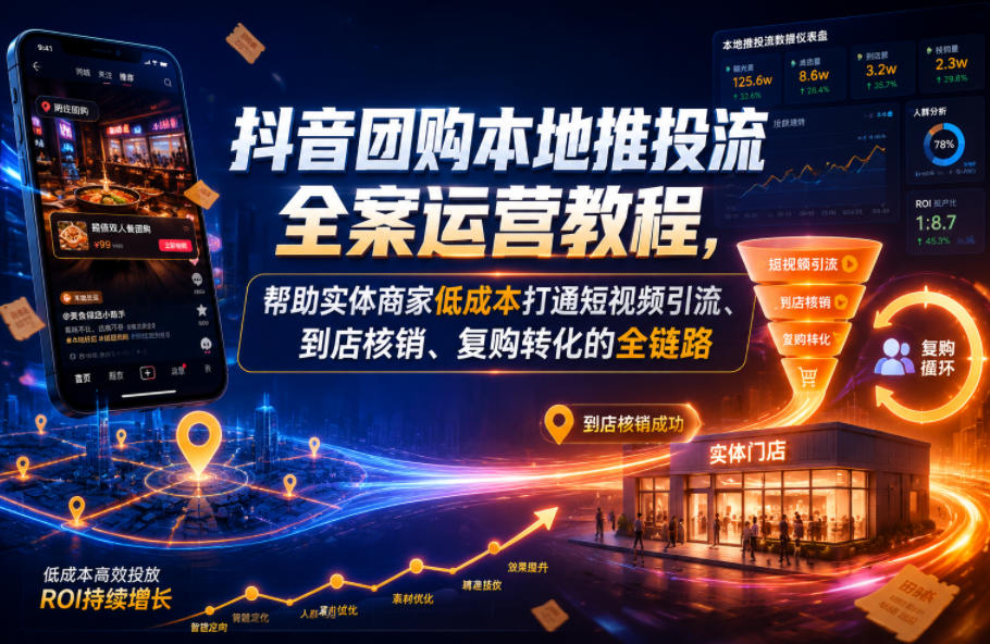 抖音团购本地推投流全案运营教程，帮助实体商家低成本打通短视频引流、到店核销、复购转化的全链路-179创客网