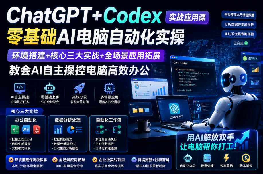 ChatGPT+Codex实战应用课｜零基础AI电脑自动化实操，环境搭建+核心三大实战+全场景应用拓展，教会AI自主操控电脑高效办公-179创客网