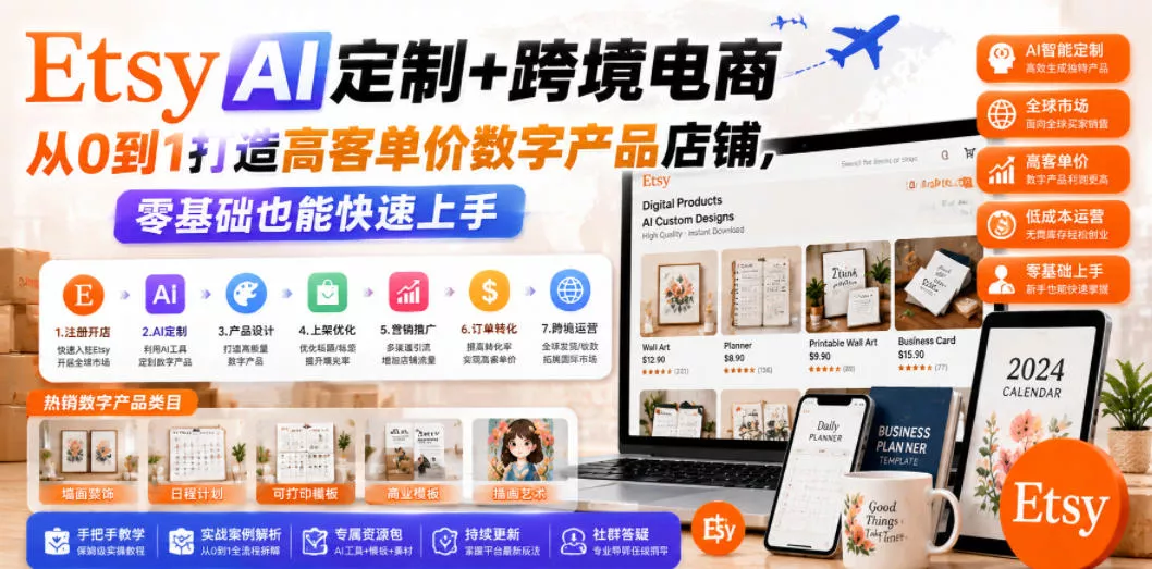 Etsy AI定制+跨境电商，从0到1打造高客单价数字产品店铺，零基础也能快速上手-179创客网