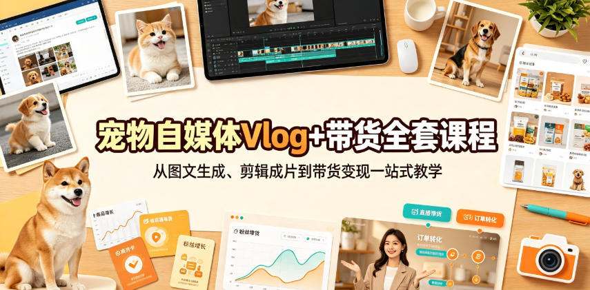 宠物自媒体Vlog+带货全套课程｜从图文生成、剪辑成片到带货变现一站式教学-179创客网