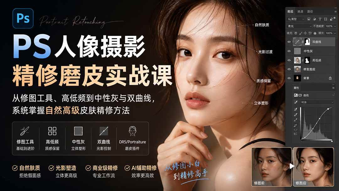 （20061期）PS人像摄影精修磨皮实战课：从修图工具、高低频到中性灰与双曲线，系统掌握自然高级皮肤精修方法-179创客网