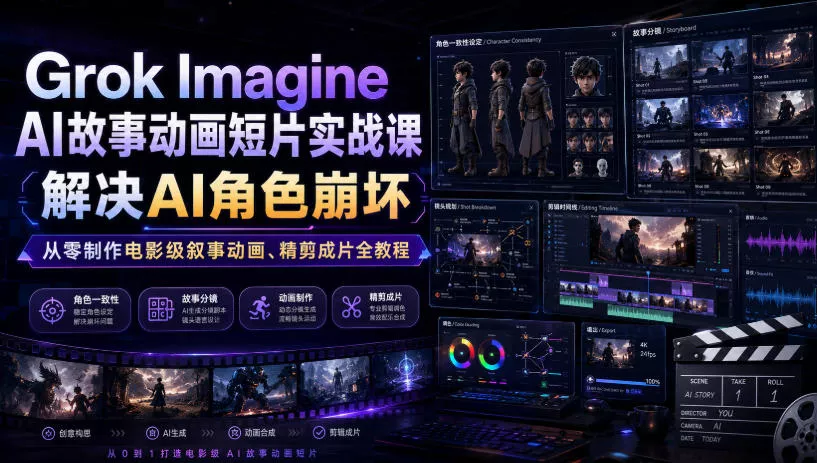 Grok Imagine AI故事动画短片实战课｜解决AI角色崩坏，从零制作电影级叙事动画、精剪成片全教程(中英字幕)-179创客网