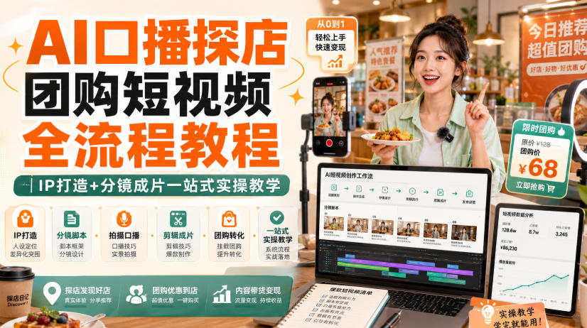 AI口播探店团购短视频全流程教程｜IP打造+分镜成片一站式实操教学-179创客网